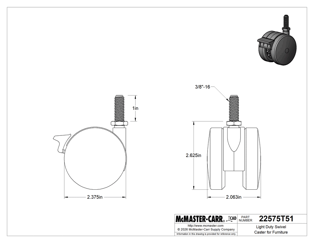 Technical Drawing of Light Duty Swivel Caster for Furniture, with Brake, 3/8"-16 Thread x 1" Long Stem and Nylon Wheel.
